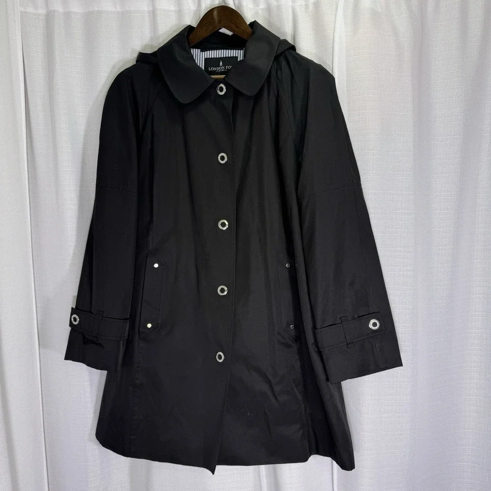 London Fog Hooded Trench Rain Coat Classic Black Womens XXL - Picture 5 of 16